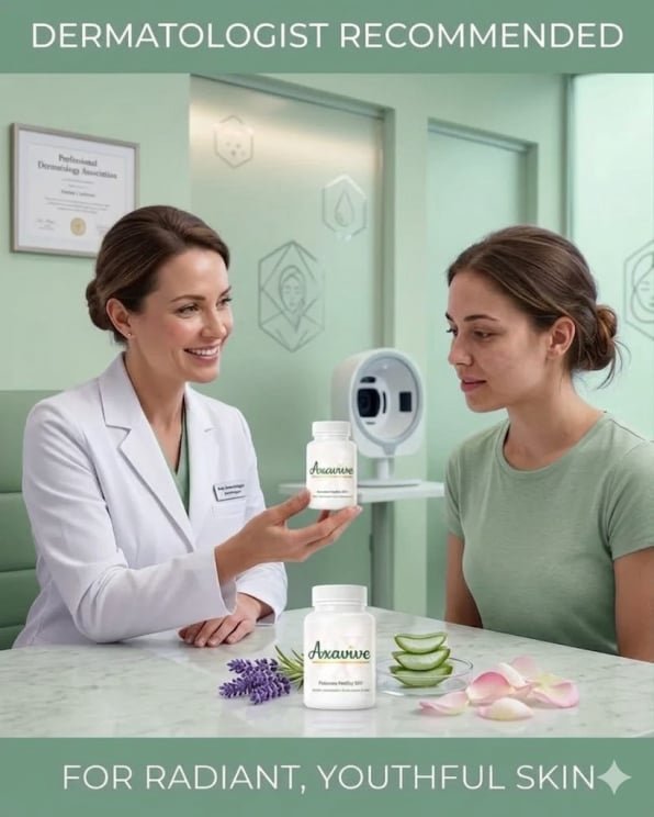 Dermatologist presenting Axavive supplement to a patient in a clinic for youthful skin.