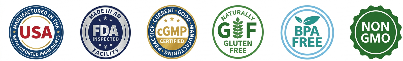 USA-made skin supplement with FDA, cGMP, and free-from badges