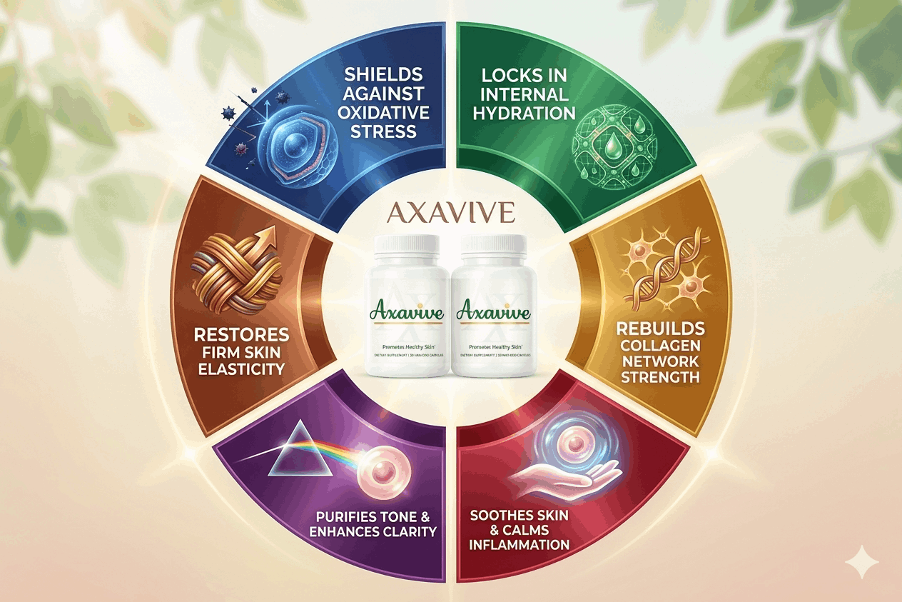 Axavive skin supplement bottles centered within a circular diagram illustrating six benefits