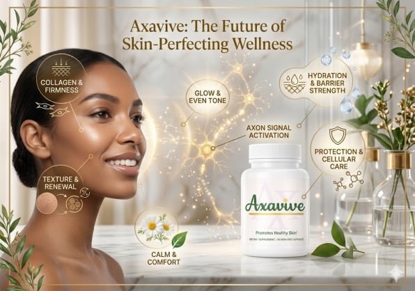 Axavive infographic showing internal skin benefits including axon signal activation, collagen firmness, and hydration strength.