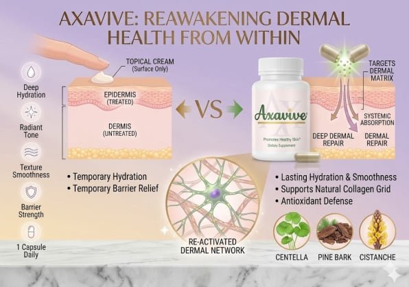 Infographic comparing topical cream and Axavive systemic skin supplement.