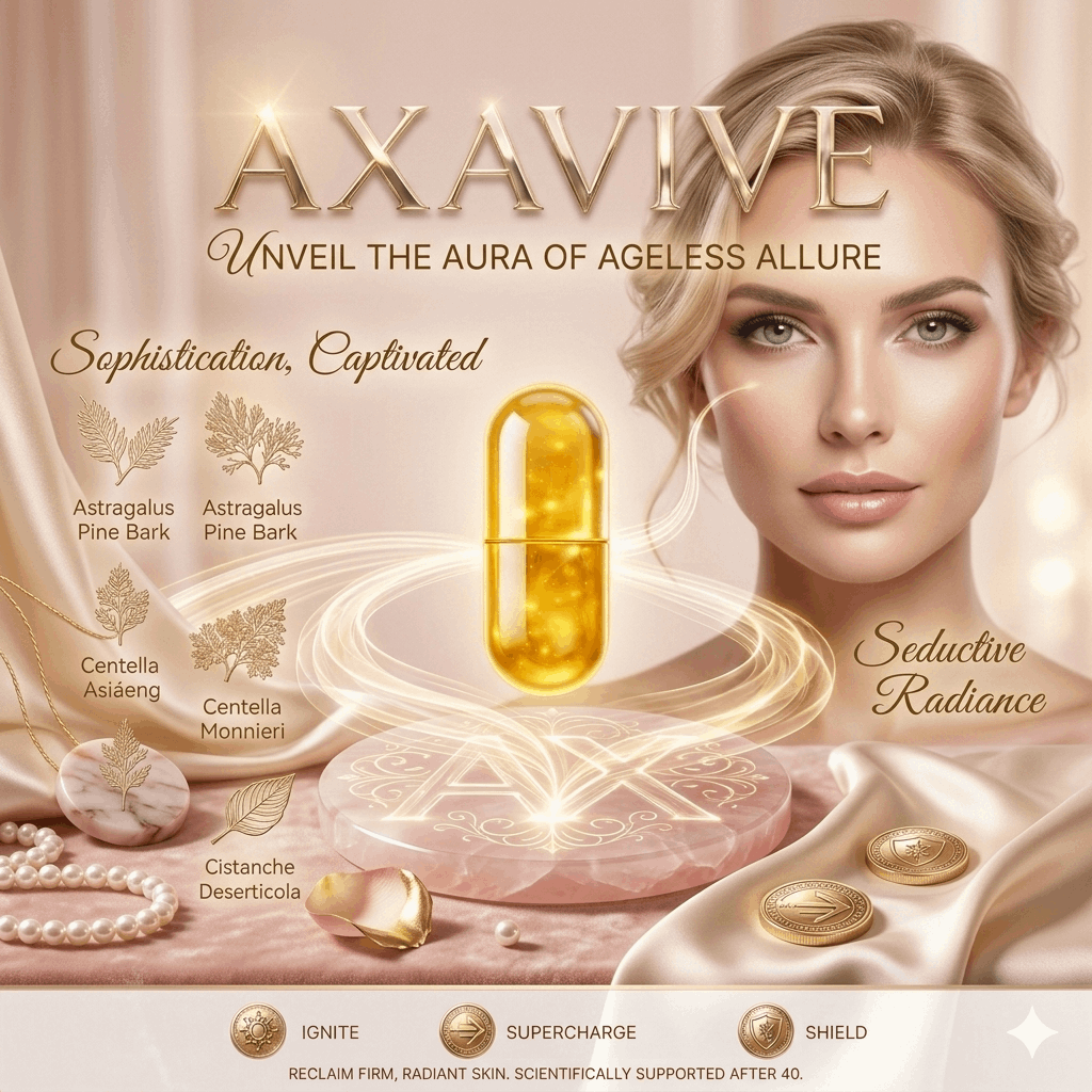 Radiant woman with golden capsule showcasing Axavive skincare for firm, youthful skin
